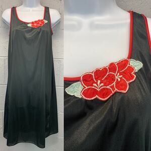 Vintage 1970s Black Nylon Nightgown with Red Floral Appliqué